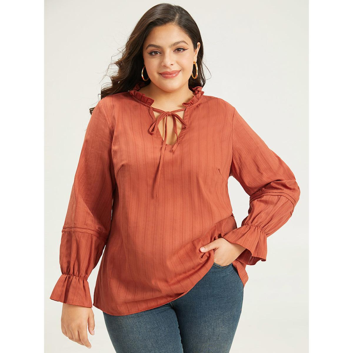 Plus Size OrangeRed Plain Tie Neck Textured Ruffle Trim Blouse Women Elegant Long Sleeve Tie Neck Dailywear Blouses BloomChic 18-20/2X Product Image