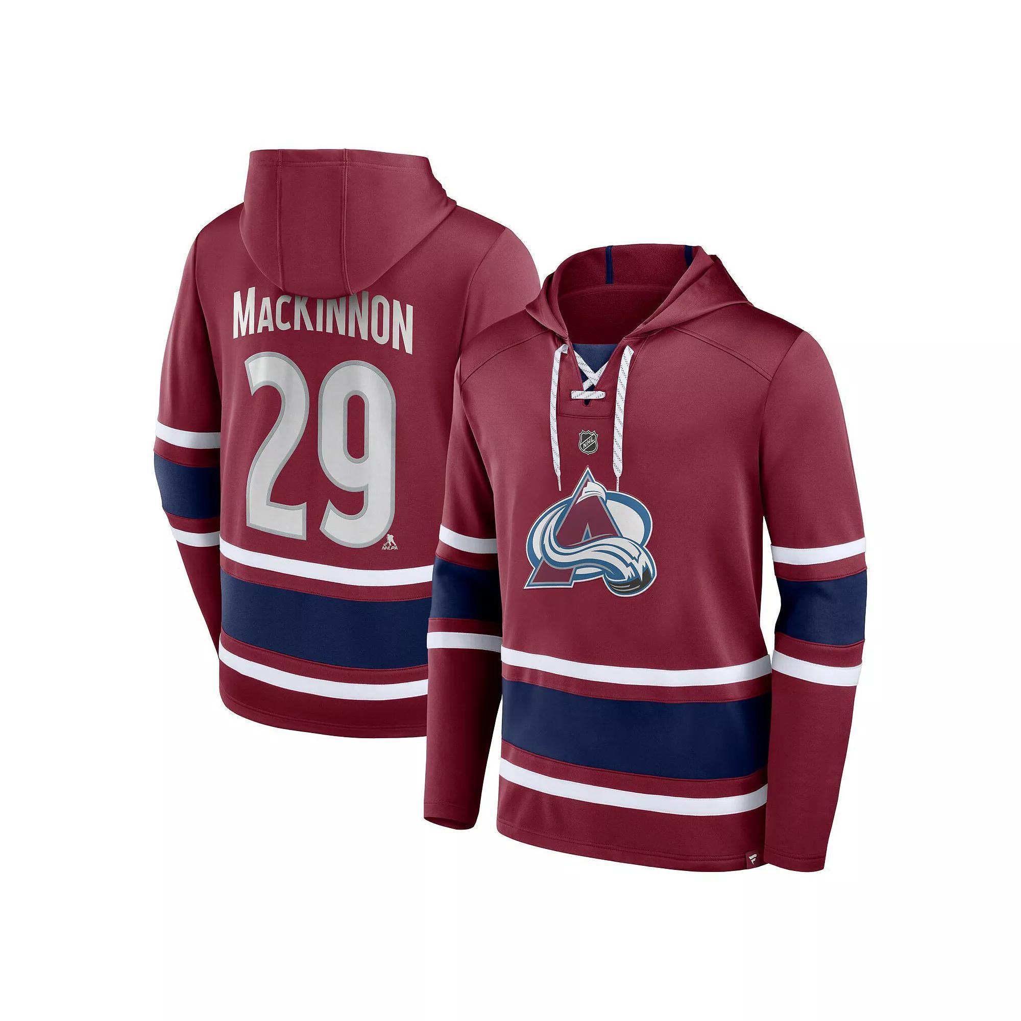 Men's Fanatics Branded Nathan MacKinnon Burgundy Colorado Avalanche Name & Number Lace-Up Pullover Hoodie, Size: 5XL, Med Re Product Image