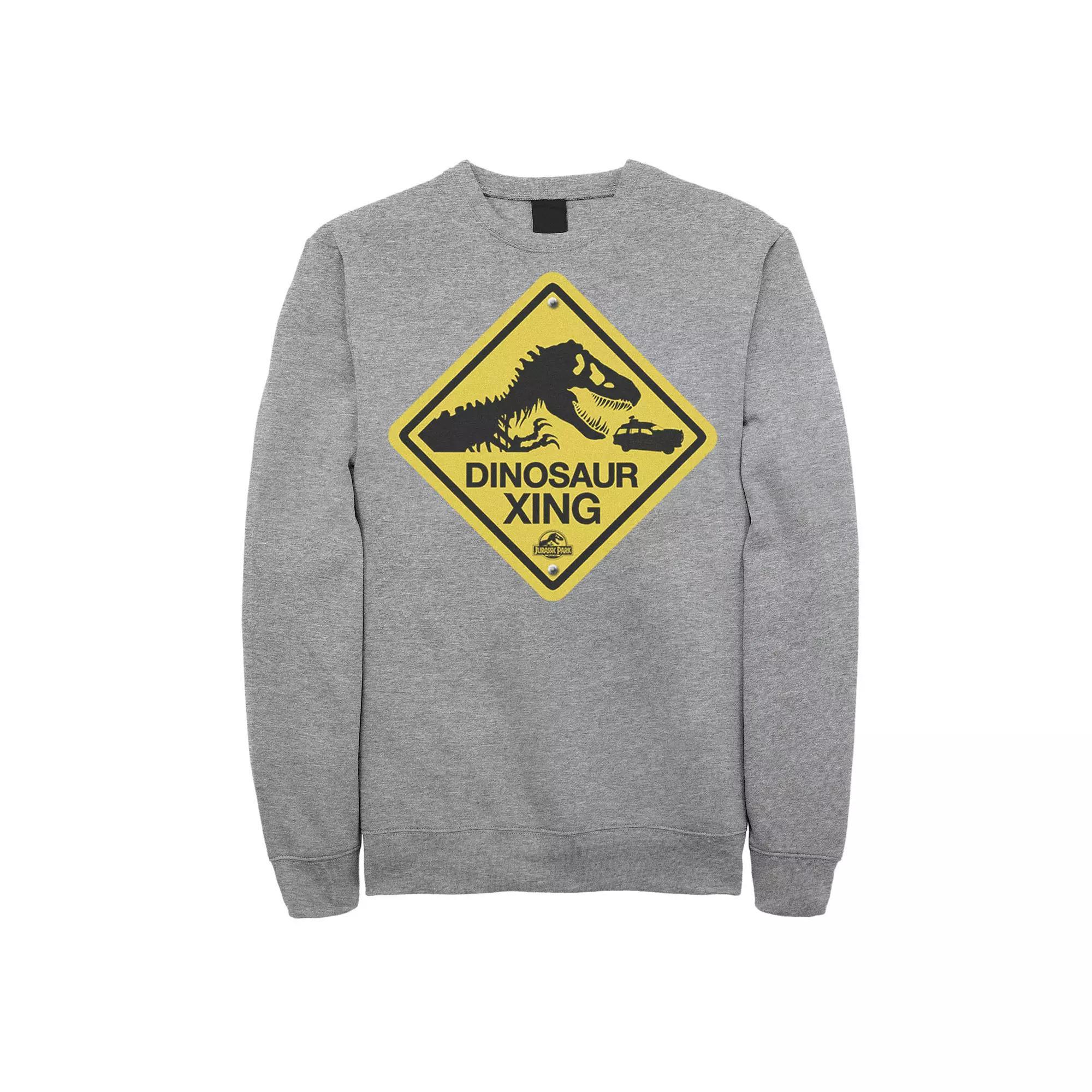 Mens Jurassic Park Dinosaur Crossing Yellow Sign Sweatshirt Grey Heather Product Image