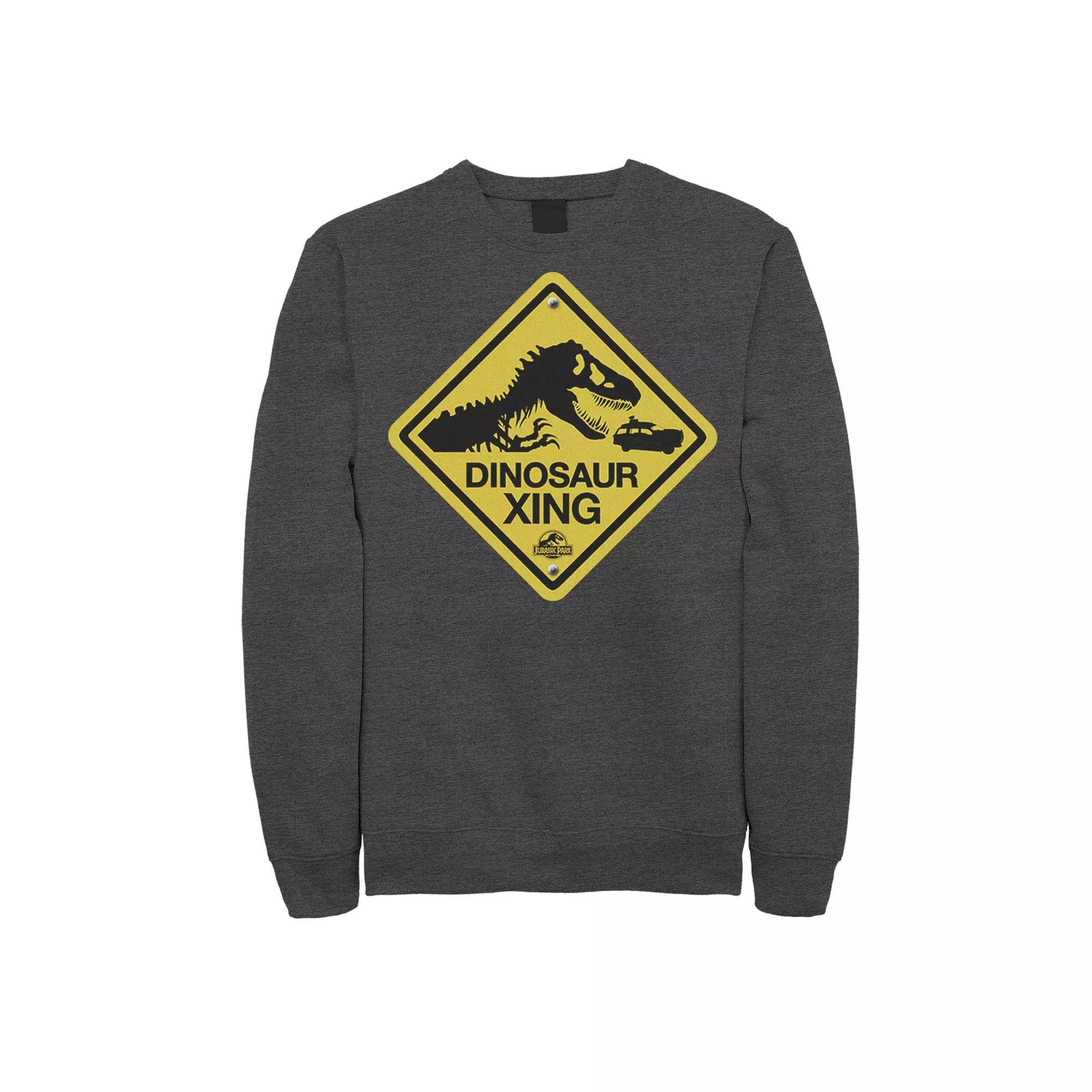 Mens Jurassic Park Dinosaur Crossing Yellow Sign Sweatshirt Grey Heather Product Image