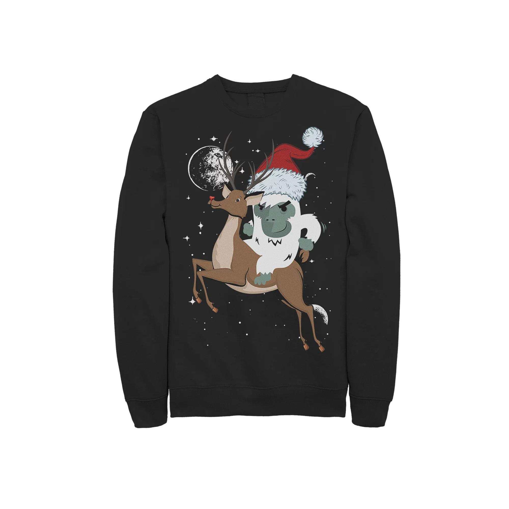 Men's Yeti Riding Rudolf Christmas Fleece Crewneck Sweatshirt, Size: XXL, Black Product Image