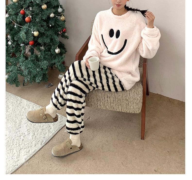 Pajama Set: Smiley Face Sweatshirt + Striped Pants Product Image
