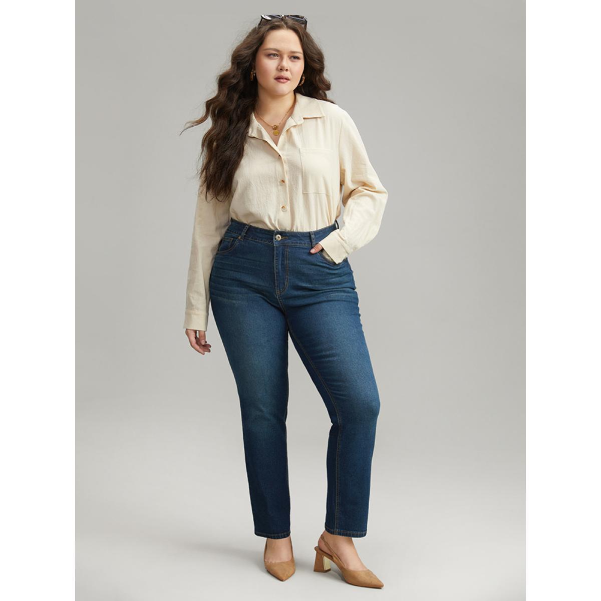 Plus Size Plain Straight Leg Zipper Fly Jeans Women Indigo Casual Plain Pocket High stretch Pocket Jeans BloomChic 30/6X Product Image