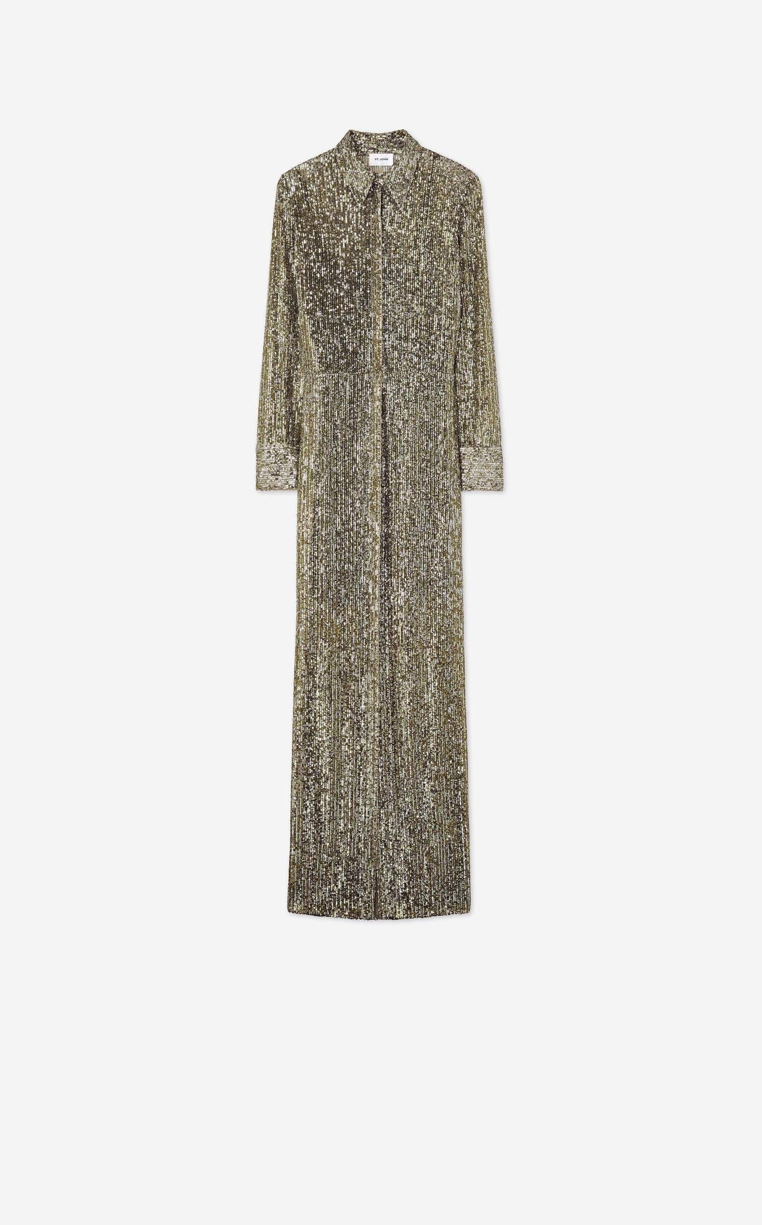 ST JOHN Sequin Knit Collared Gown In Olve Product Image