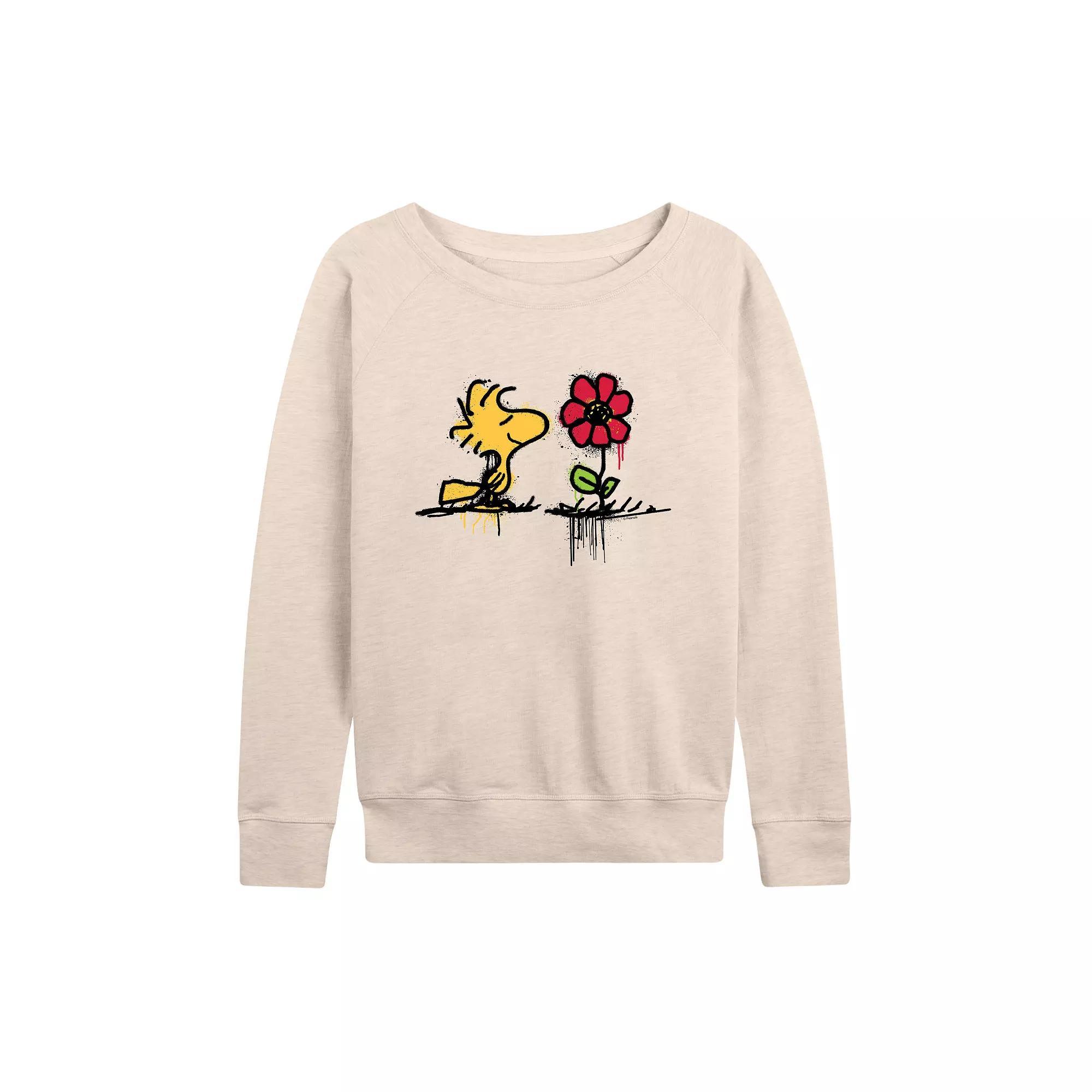Womens Peanuts Woodstock Rose French Terry Long Sleeve Tee, Girls Grey Green Product Image