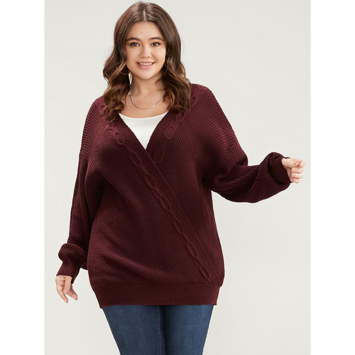 Plus Size Solid Pointelle Knit Surplice Neck Cable Knit Top Scarlet Women Elegant Loose Long Sleeve Overlap Collar Dailywear Pullovers BloomChic 22-24/3X Product Image