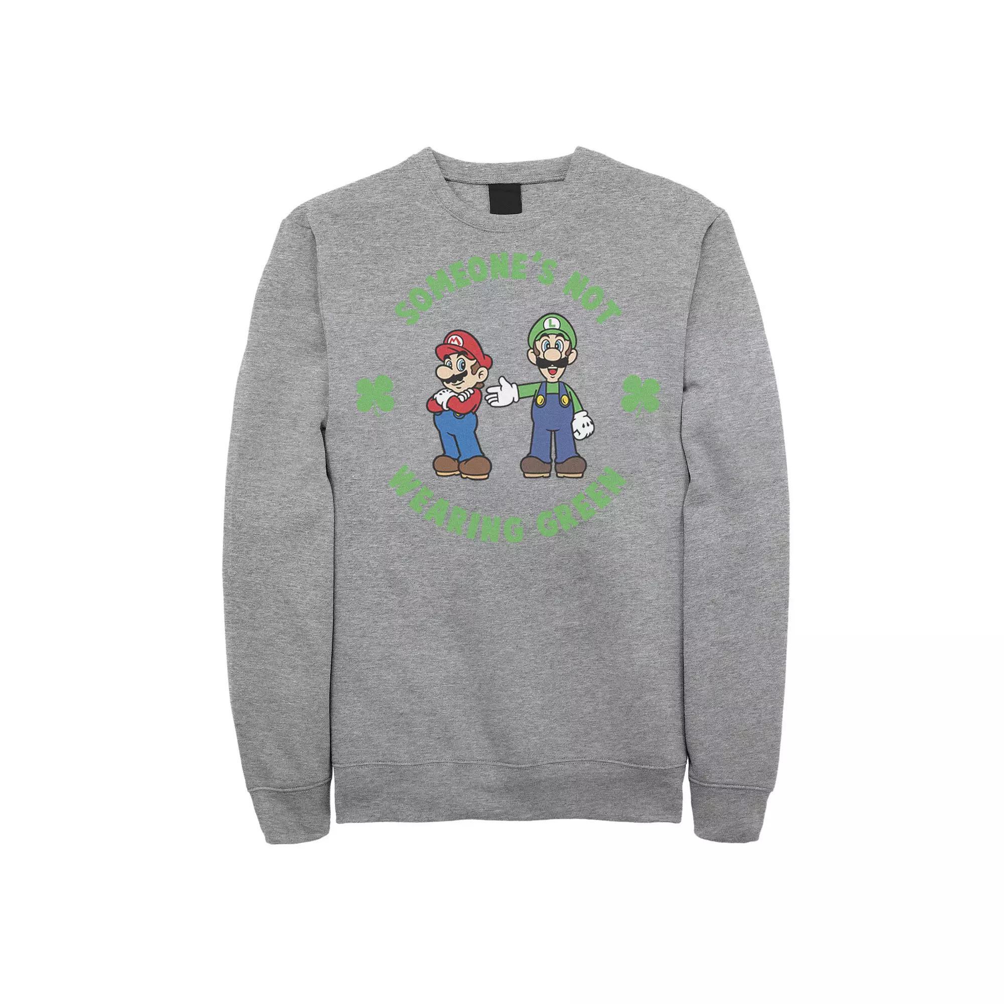 Men's Nintendo Super Mario Bros. St. Patrick's Day "Someone's Not Wearing Green" Fleece Sweatshirt, Size: Large, Athletic Grey Product Image