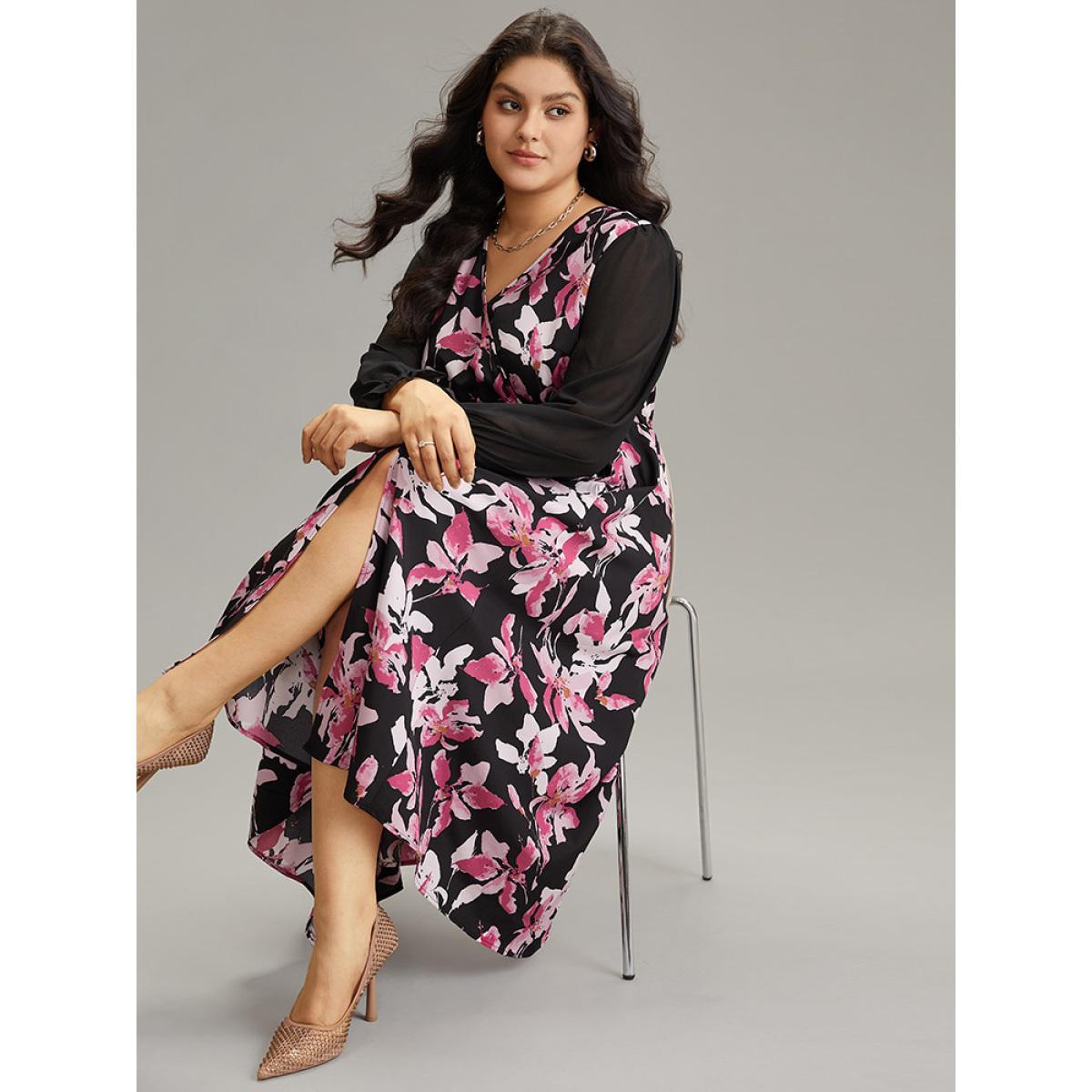 Plus Size Floral Contrast Wrap Chiffon Split Side Dress Black Women Office Wrap Overlap Collar Long Sleeve Curvy Midi Dress BloomChic 22-24/3X Product Image