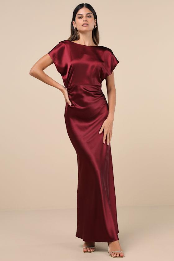 Captivating Presence Wine Red Satin Cowl Back Maxi Dress Product Image