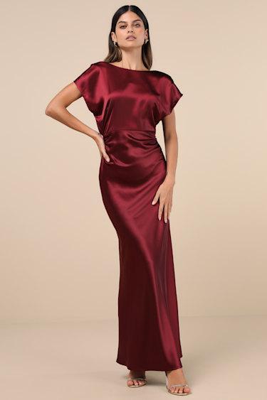 Captivating Presence Wine Red Satin Cowl Back Maxi Dress Product Image