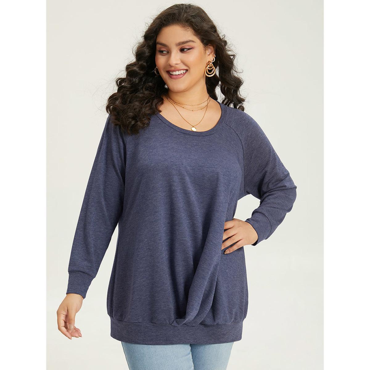 Plus Size Solid Plicated Detail Raglan Sleeve Sweatshirt Women DarkBlue Elegant Elastic cuffs Round Neck Dailywear Sweatshirts BloomChic 30/6X Product Image