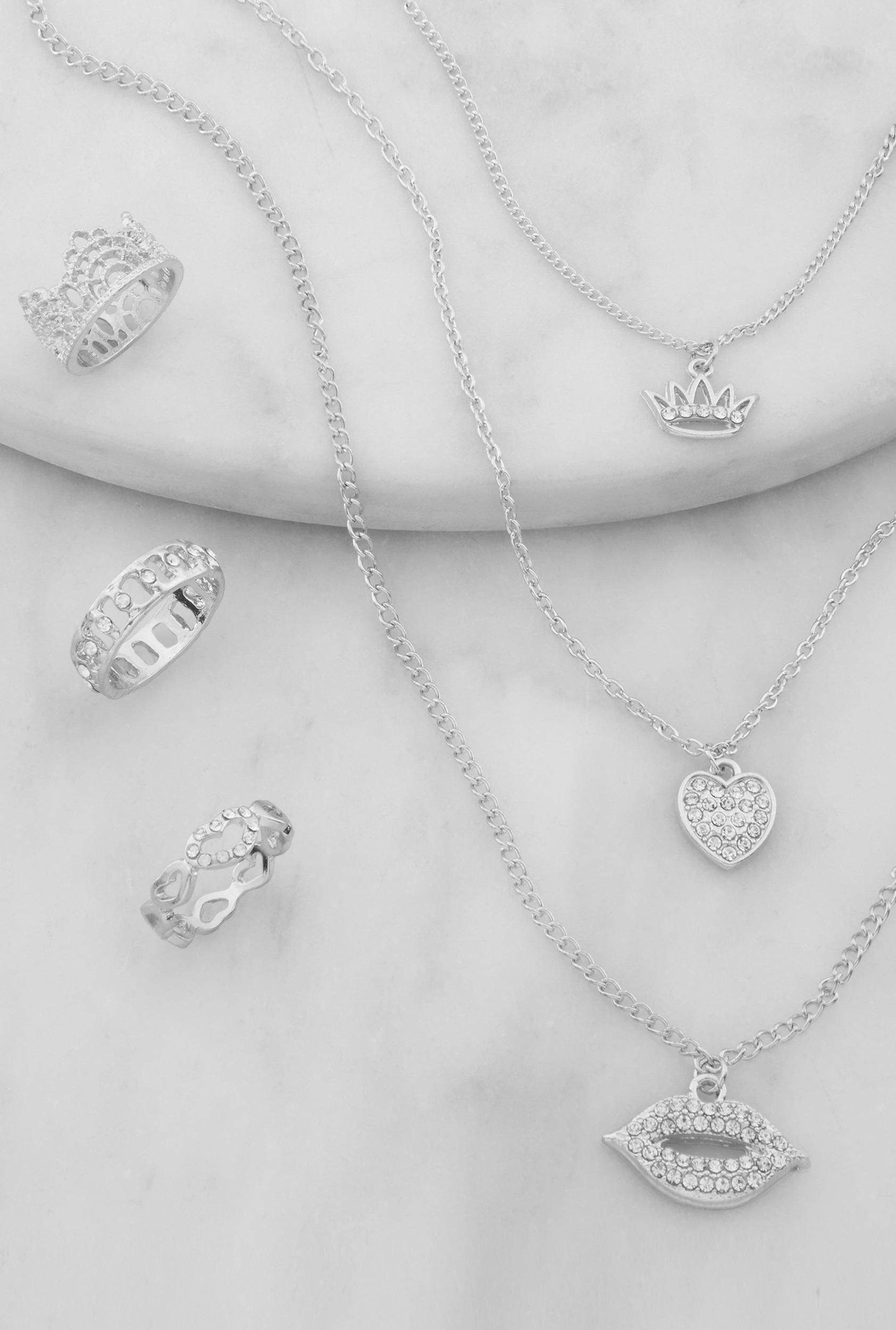 Womens Crown Heart Lip Charm Layered Necklace with Ring Trio Set Product Image