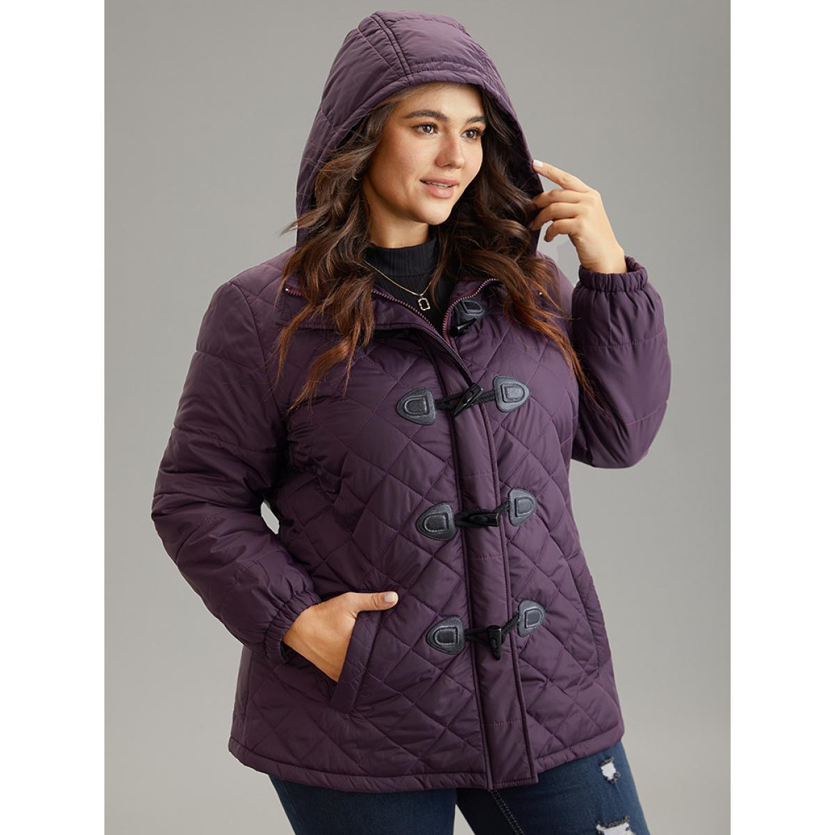 Plus Size Quilted Duffle Button Hooded Pocket Cotton Jacket Women Eggplant Casual Quilting Ladies Dailywear Winter Coats BloomChic 12/L Product Image