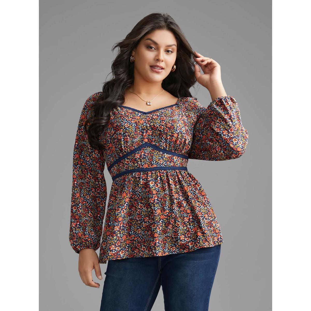 Plus Size Indigo Ditsy Floral Woven Ribbon Gathered Blouse Women Elegant Long Sleeve Heart neckline Everyday Blouses BloomChic 12/L Product Image