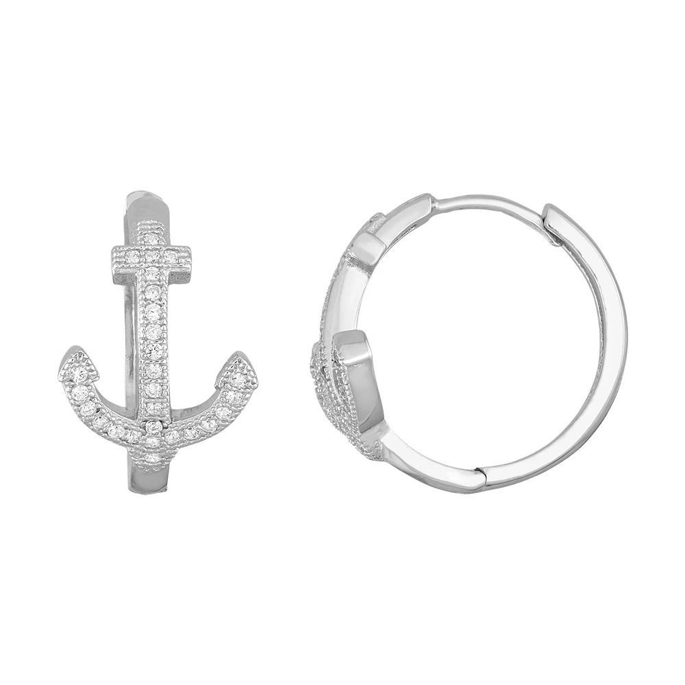 Sterling Silver Cubic Zirconia Anchor Hoop Earrings, Women's, White Product Image