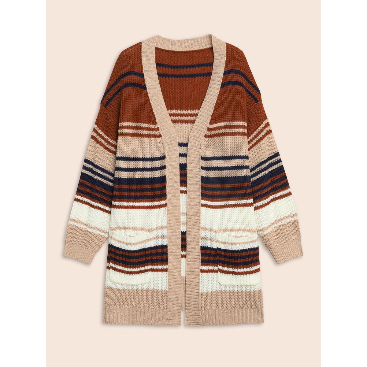 Plus Size Contrast Striped Pocket Drop Shoulder Cardigan Browncoffeecolor Women Casual Loose Long Sleeve Everyday Cardigans BloomChic 12/L Product Image