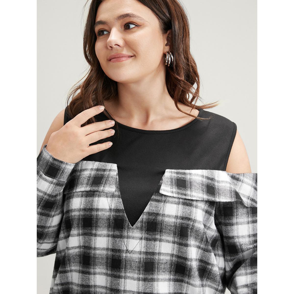Plus Size Plaid Patchwork Cold Shoulder Sweatshirt Women Black Elegant Patchwork Cold Shoulder Dailywear Sweatshirts BloomChic 28/5X Product Image