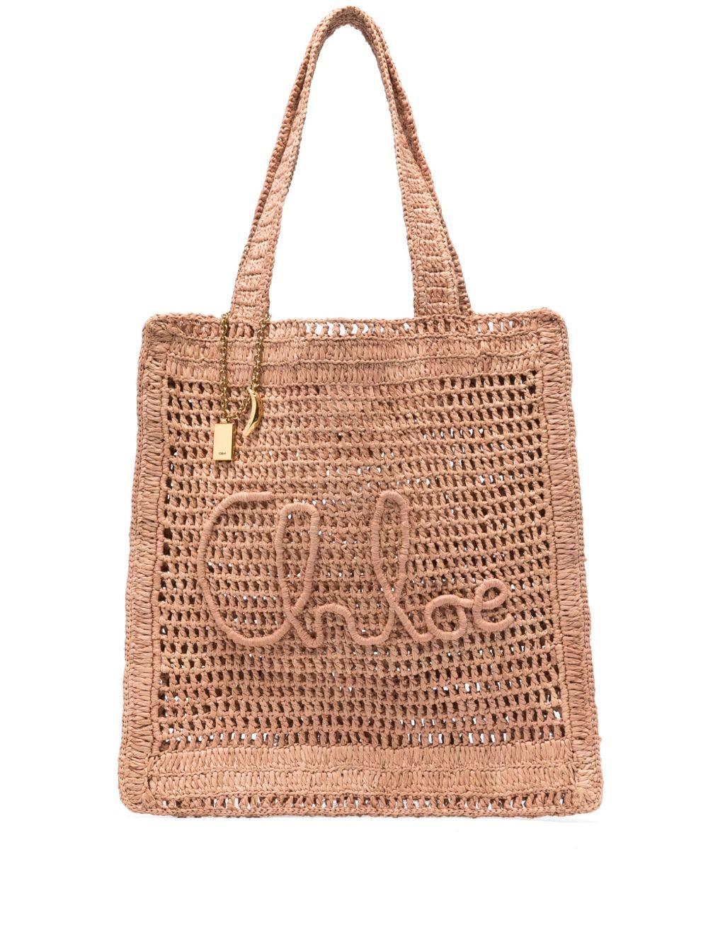 CHLOÉ Summer Banana Embellished Crocheted Embroidered Faux Raffia Tote In Beige Product Image