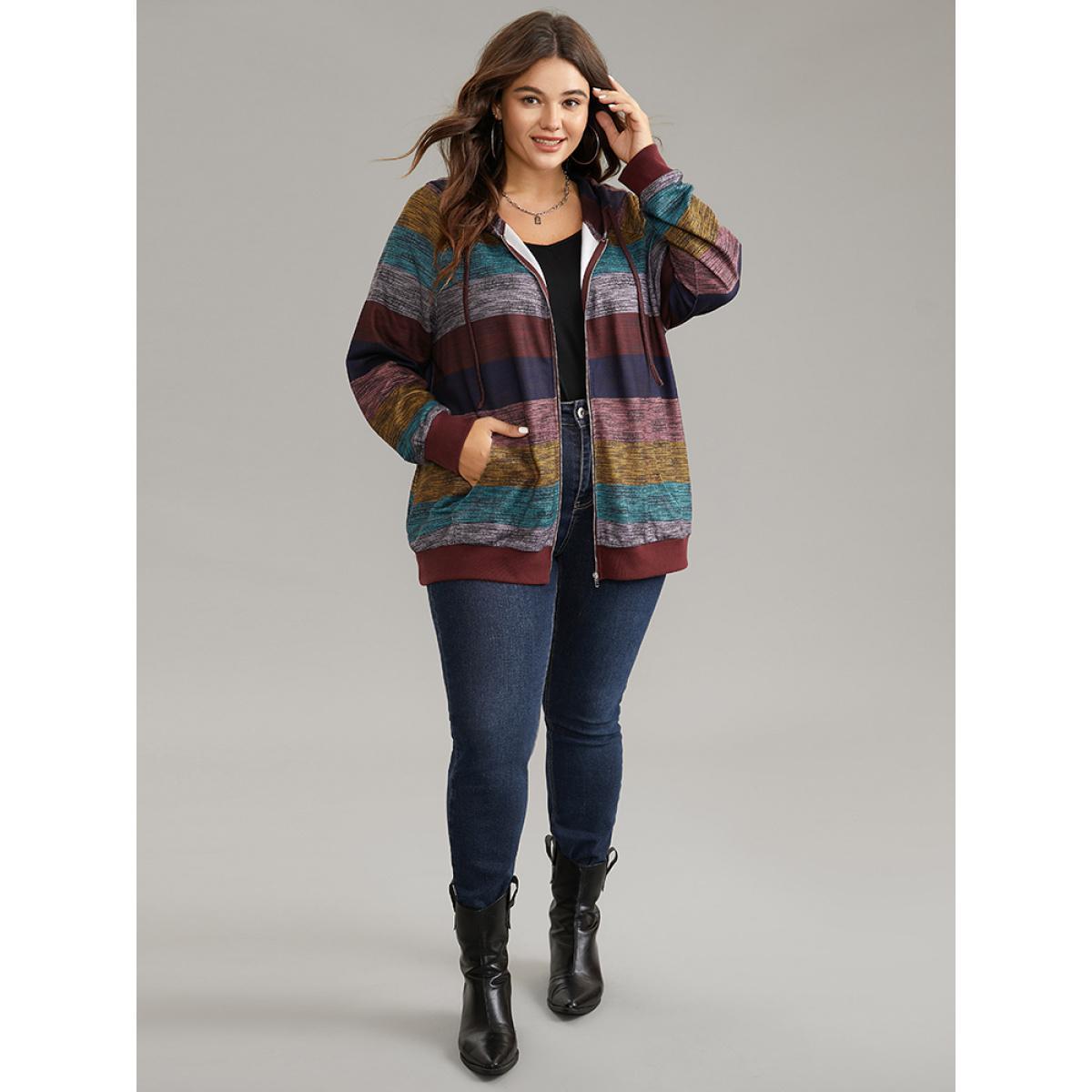 Plus Size Heather Colorblock Contrast Pocket Hooded Sweatshirt Women Multicolor Casual Rib Knit Hooded Everyday Sweatshirts BloomChic 22-24/3X Product Image