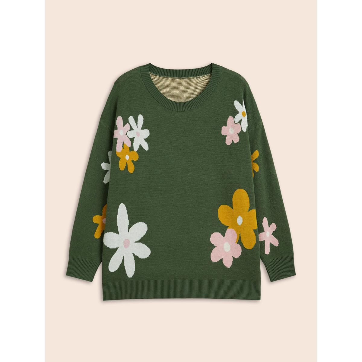 Plus Size Supersoft Essentials Floral Crew Neck Pullover Greenbean Women Casual Long Sleeve Round Neck Everyday Pullovers BloomChic 30/6X Product Image