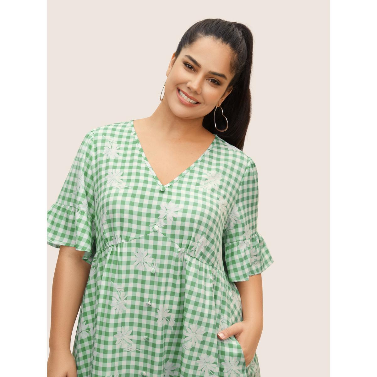 Plus Size Gingham Floral Ruffles Button Detail Dress Sage Women Casual Button V-neck Half Sleeve Curvy BloomChic 22-24/3X Product Image