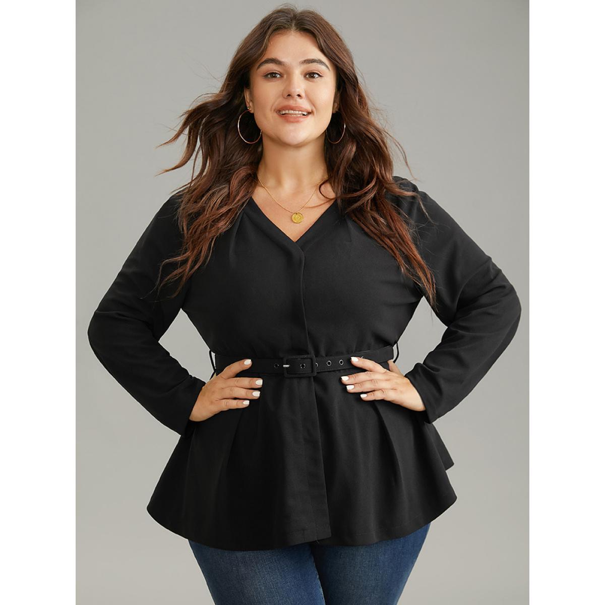 Plus Size Solid Pleated Button Up Belted Blazer Black Women Work Plain Plain Sleeve Long Sleeve Open Front 10/M Belt Work From Home Blazers BloomChic Product Image