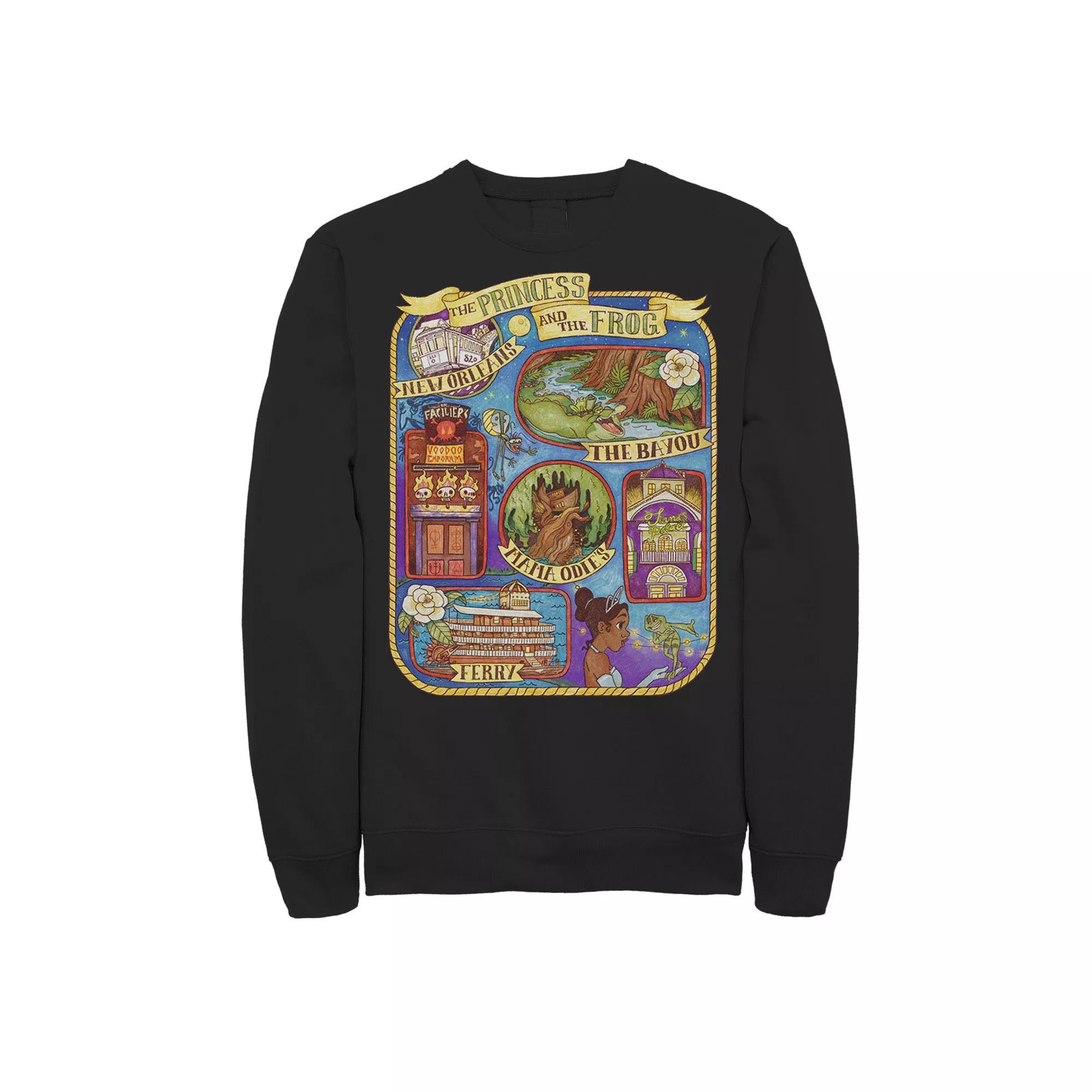Men's Disney Princess And The Frog Group Shot Large Map Sweatshirt, Size: XL, Black Product Image