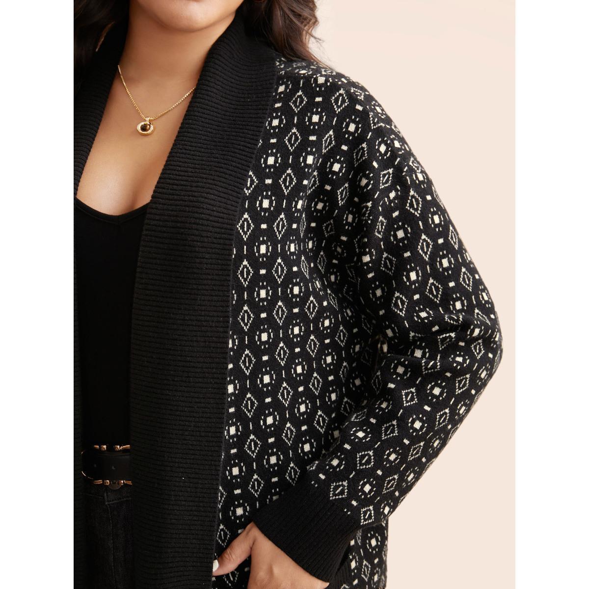 Plus Size Supersoft Essentials Geometric Jacquard Drop Shoulder Cardigan Black Women Casual Loose Long Sleeve Everyday Cardigans BloomChic 14-16/1X Product Image