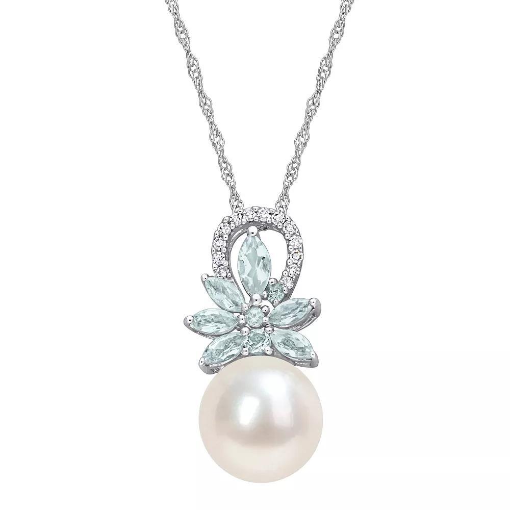 Stella Grace 14k White Gold Freshwater Cultured Pearl, Aquamarine & Diamond Accent Flower Pendant Necklace, Womens Product Image