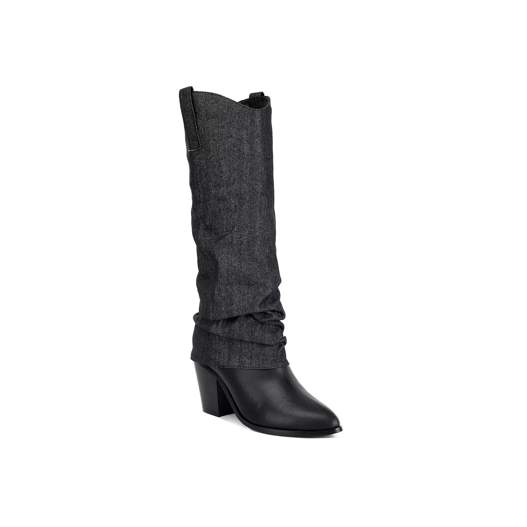 London Rag Fab Women's Denim Sleeve Cowboy Boots, Size: 5, Beige Product Image