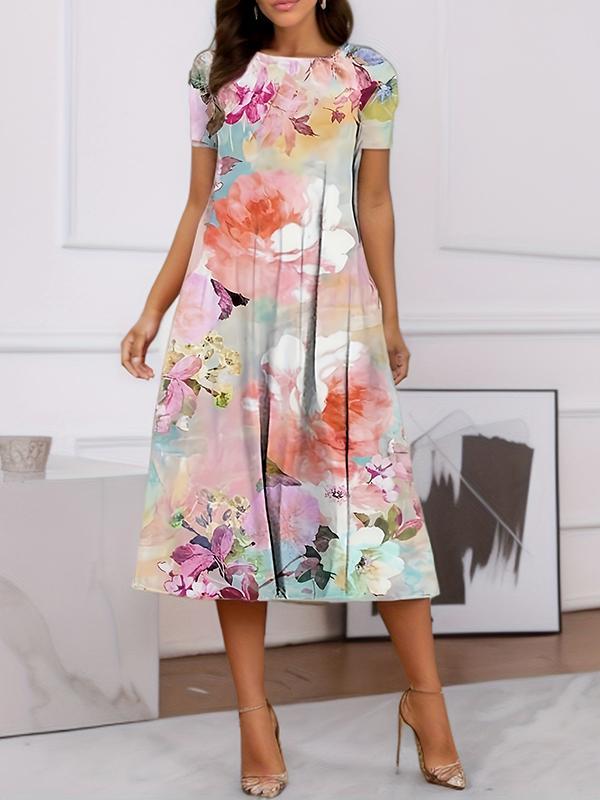 A-Line Loose Flower Print Pockets Round-Neck Midi Dresses Product Image