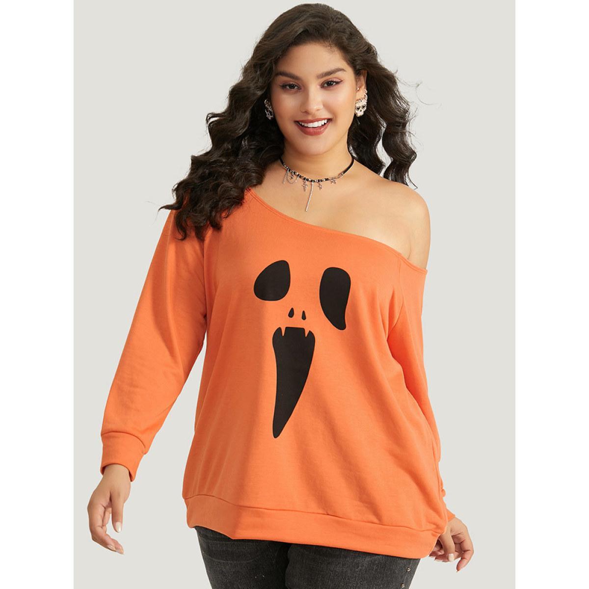 Plus Size Halloween Print One Shoulder Raglan Sleeve Sweatshirt Women OrangeRed Casual Printed Festival-Halloween Sweatshirts BloomChic 26/4X Product Image