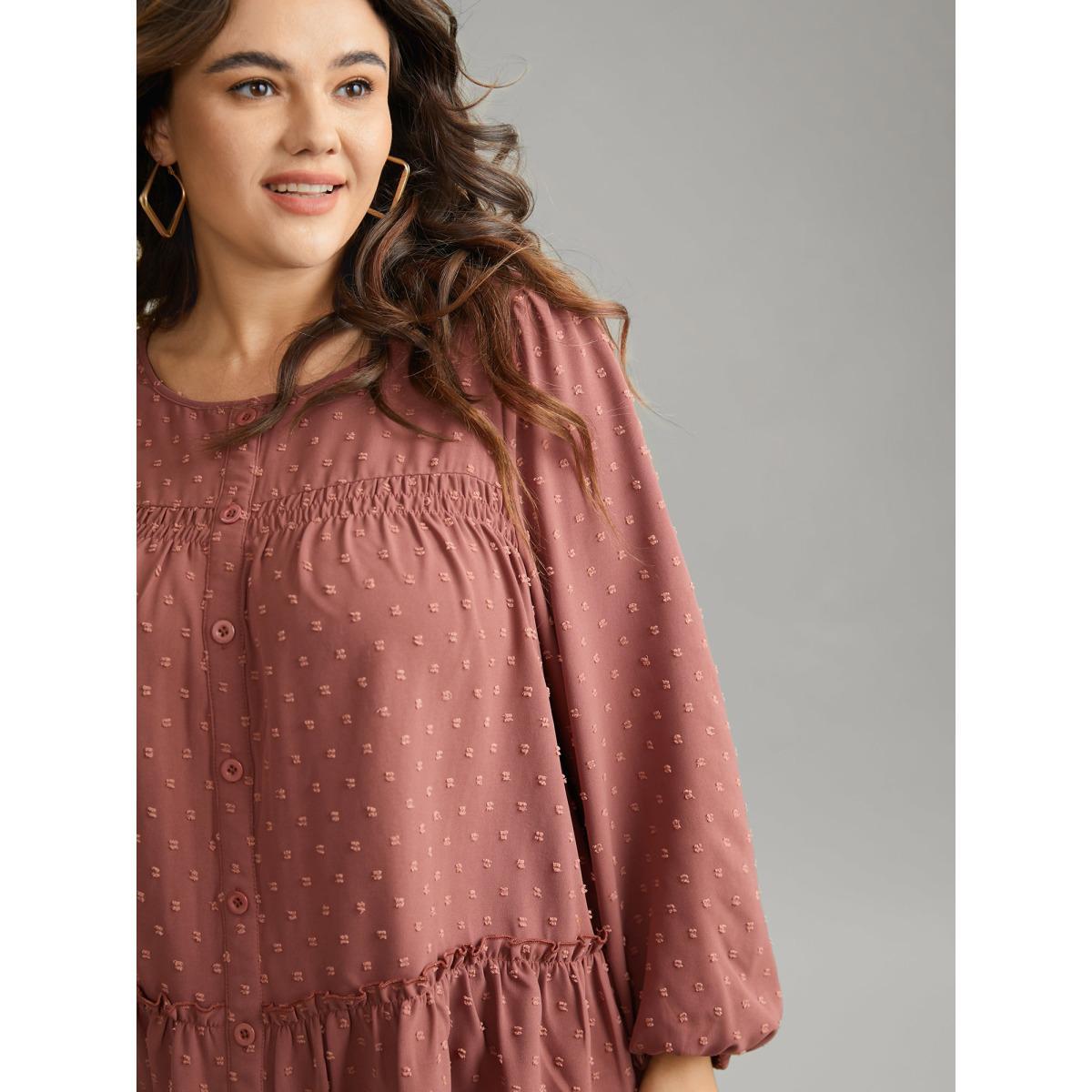Plus Size Rust Textured Lantern Sleeve Gathered Frill Trim Blouse Women Casual Long Sleeve Round Neck Vacation Blouses BloomChic 26/4X Product Image