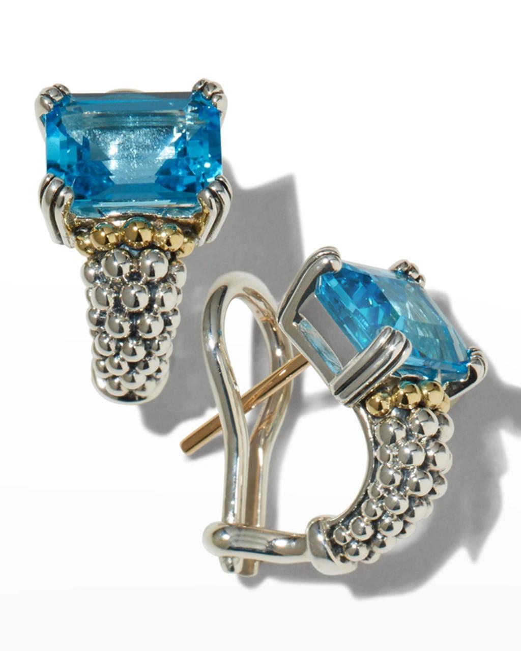 LAGOS 18k Yellow Gold & Sterling Silver Glacier Blue Topaz Caviar Beaded Large Half Hoop Earrings In Swiss Blue Topaz Product Image