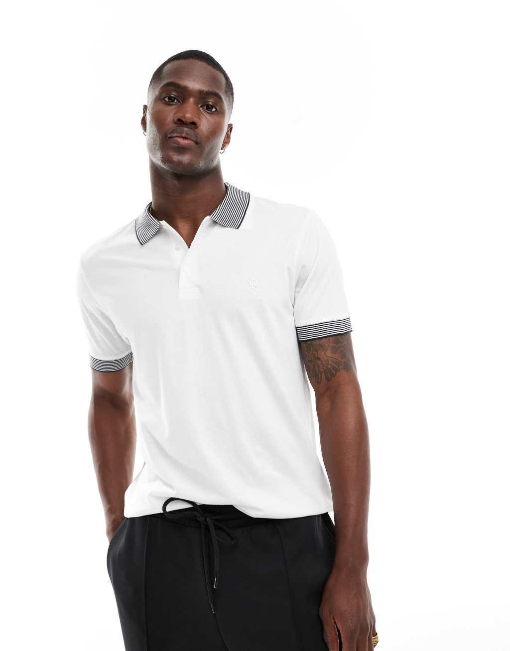 French Connection striped collar polo in white Product Image