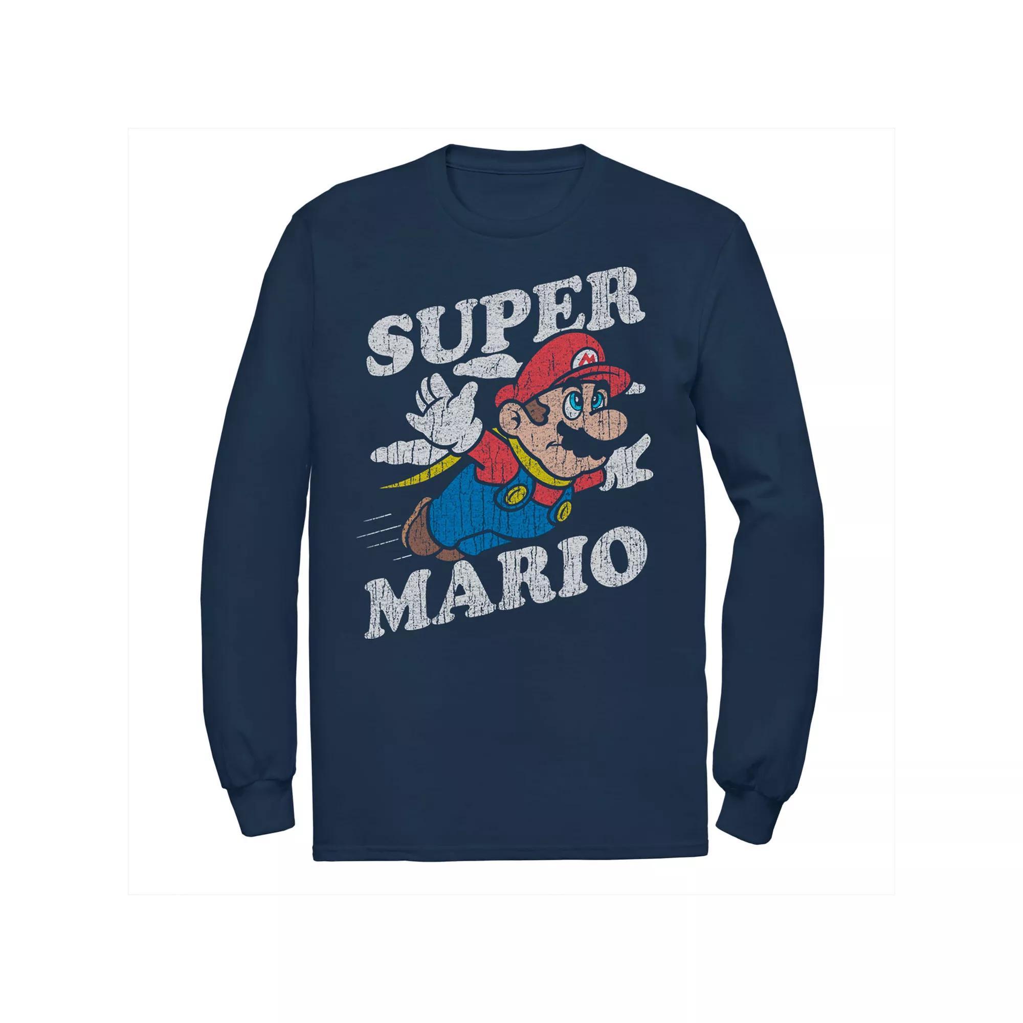 Men's Super Mario Retro Distressed lying Portrait Long Sleeve Tee, Size: 4XL, Blue Product Image