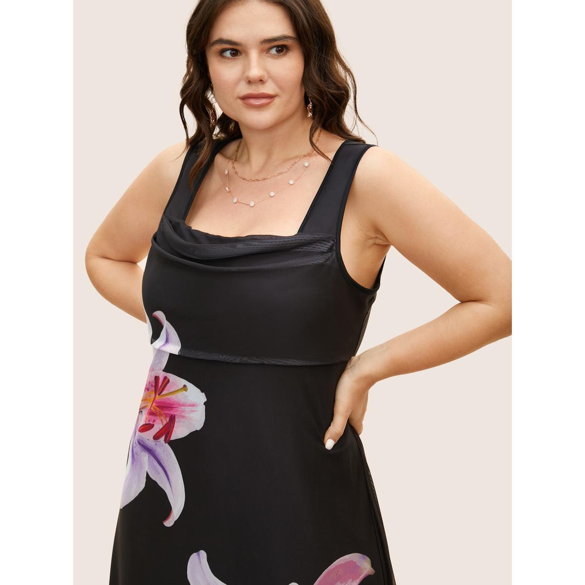 Plus Size Lily Print Square Neck See Through Maxi Dress Black Women Elegant See through Square Neck Sleeveless Curvy BloomChic 14-16/1X Product Image