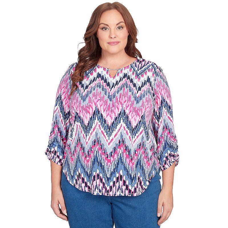 Plus Size Alfred Dunner Puff Print Ikat Chevron Split Neck Top, Womens Product Image