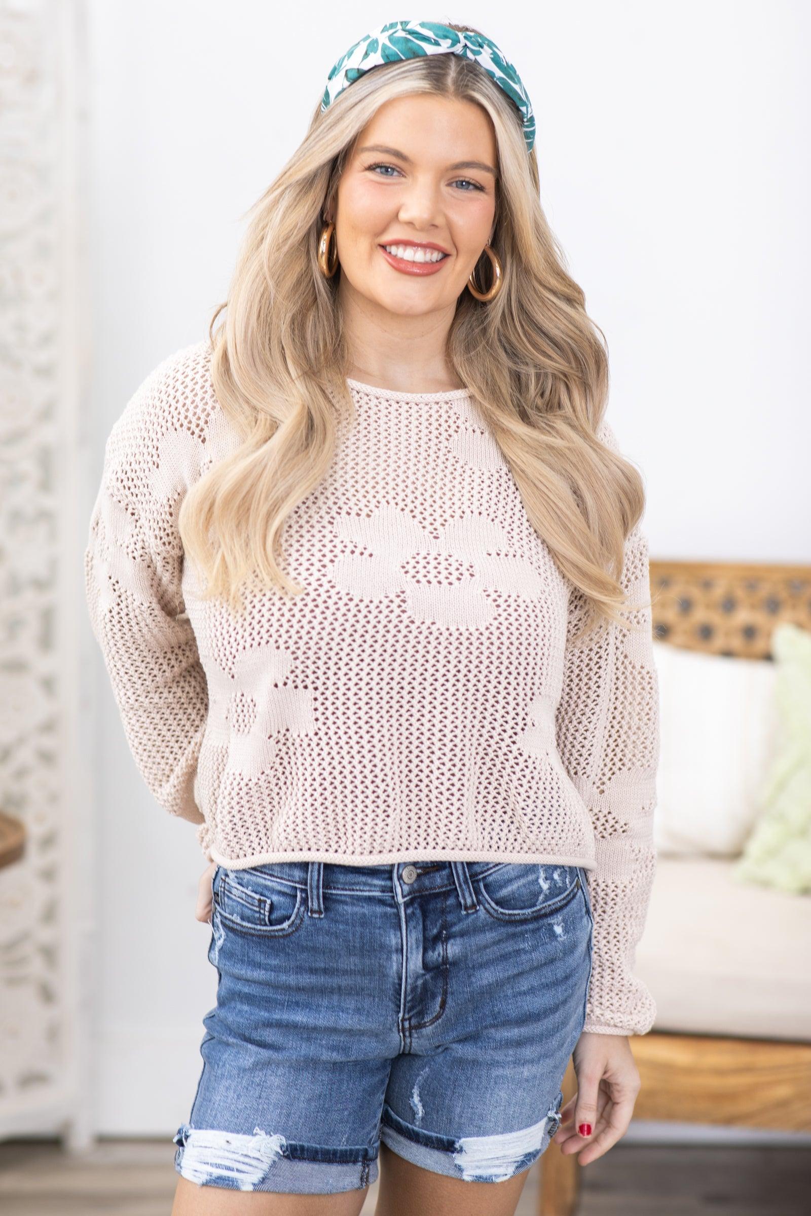 Beige Flower Pattern Crochet Sweater Top Product Image