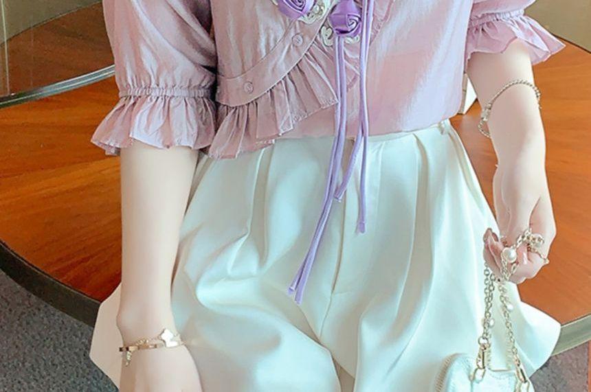 Puff-Sleeve Plain Flower Detail Blouse Product Image