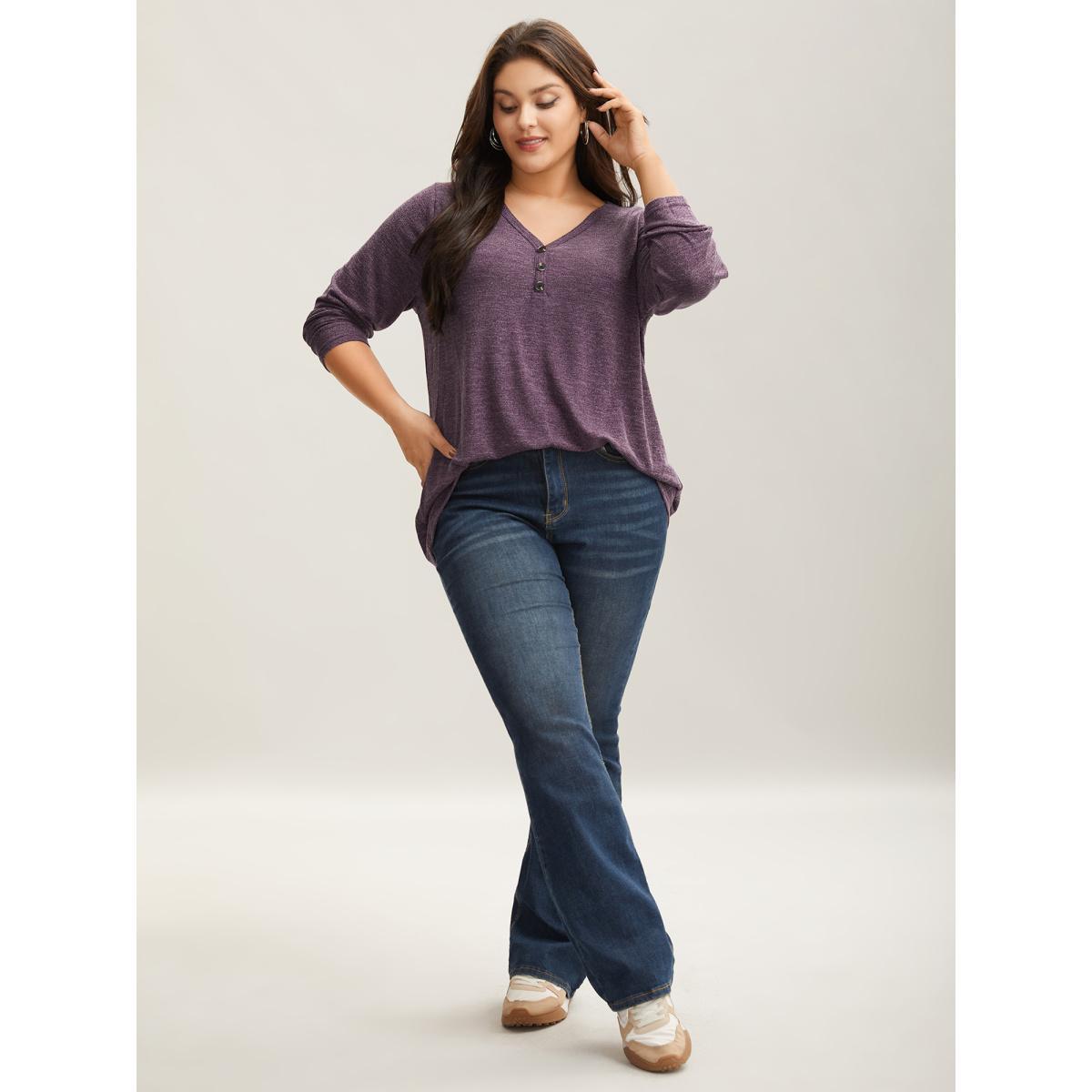 Plus Size Heather Button Up Long Sleeve T-shirt Purple Women Casual Heather Plain V-neck Everyday T-shirts BloomChic 26/4X Product Image