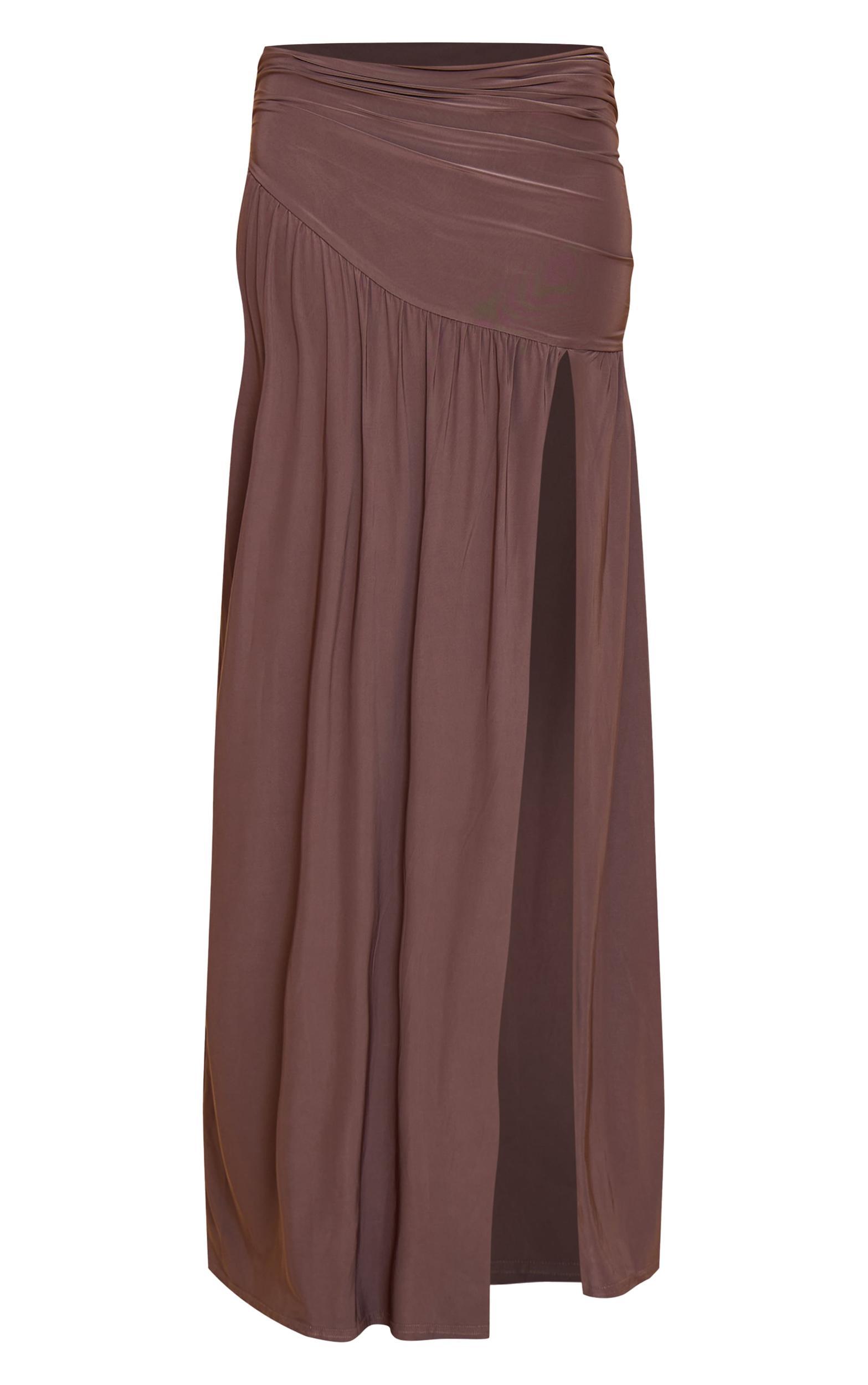 Mushroom Double Layer Slinky Drop Waist Slit Maxi Skirt Product Image
