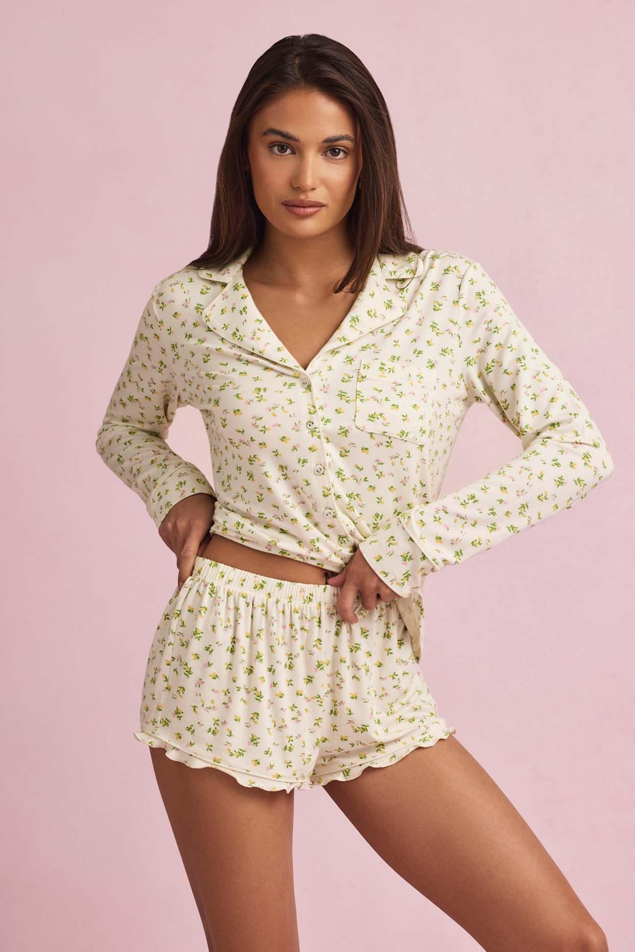 Modal Long-Sleeve Pyjama Top in Lemon Print Product Image