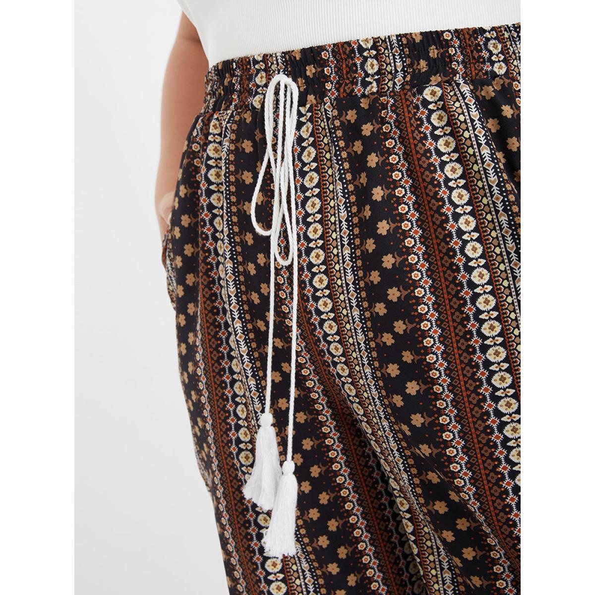Plus Size Ditsy Floral Tassel Ties Front Pocket Split Pants Women Brown Vacation High Rise Dailywear Pants BloomChic 10/M Product Image