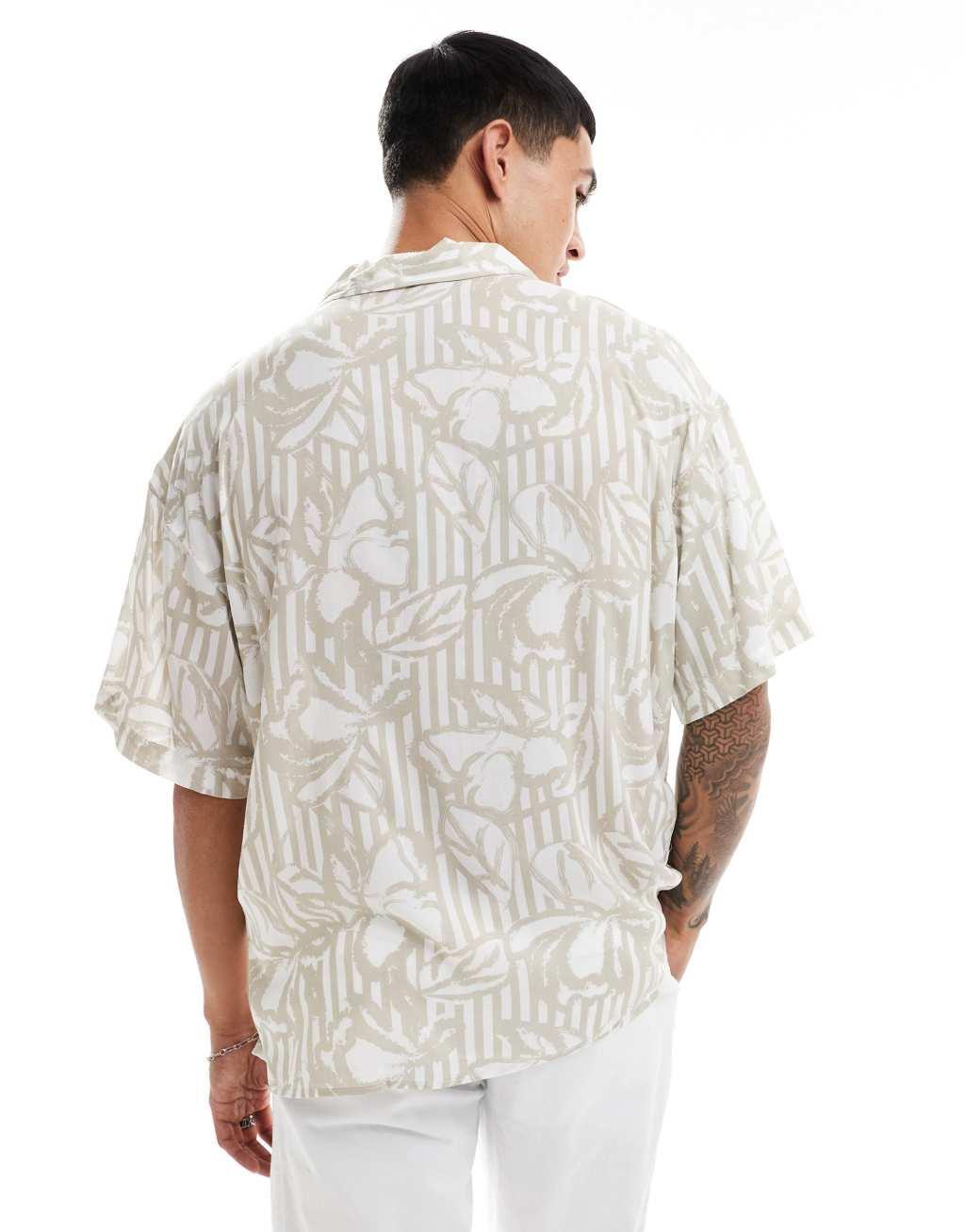 ADPT oversized revere collar shirt with floral print in beige Product Image