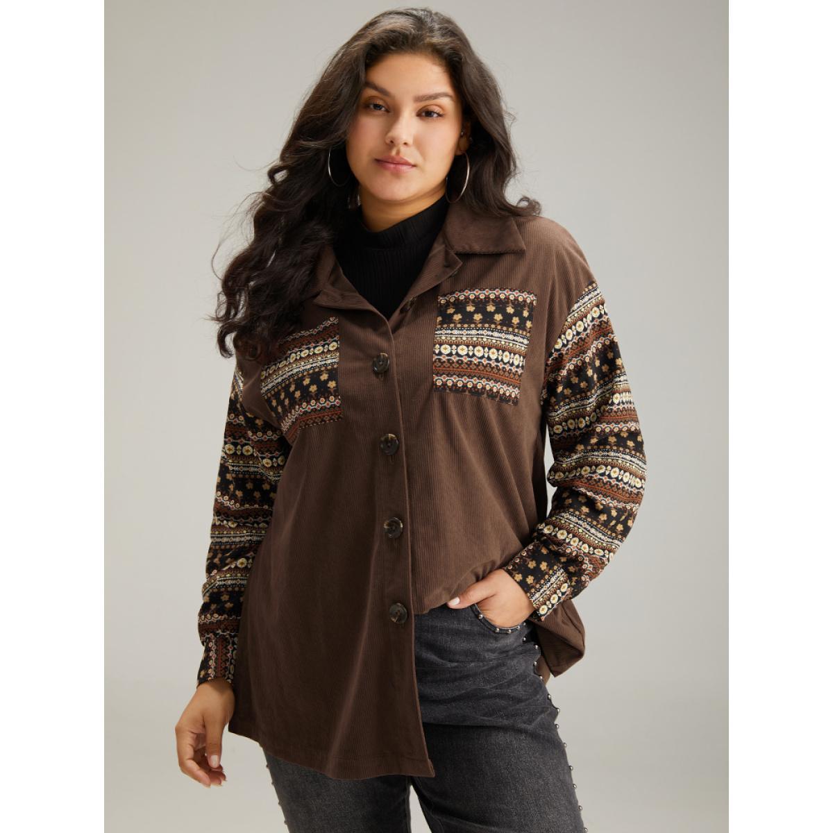 Plus Size Bandana Print Patchwork Button Through Jacket Women DarkBrown Contrast Pocket Dailywear Jackets BloomChic 18-20/2X Product Image