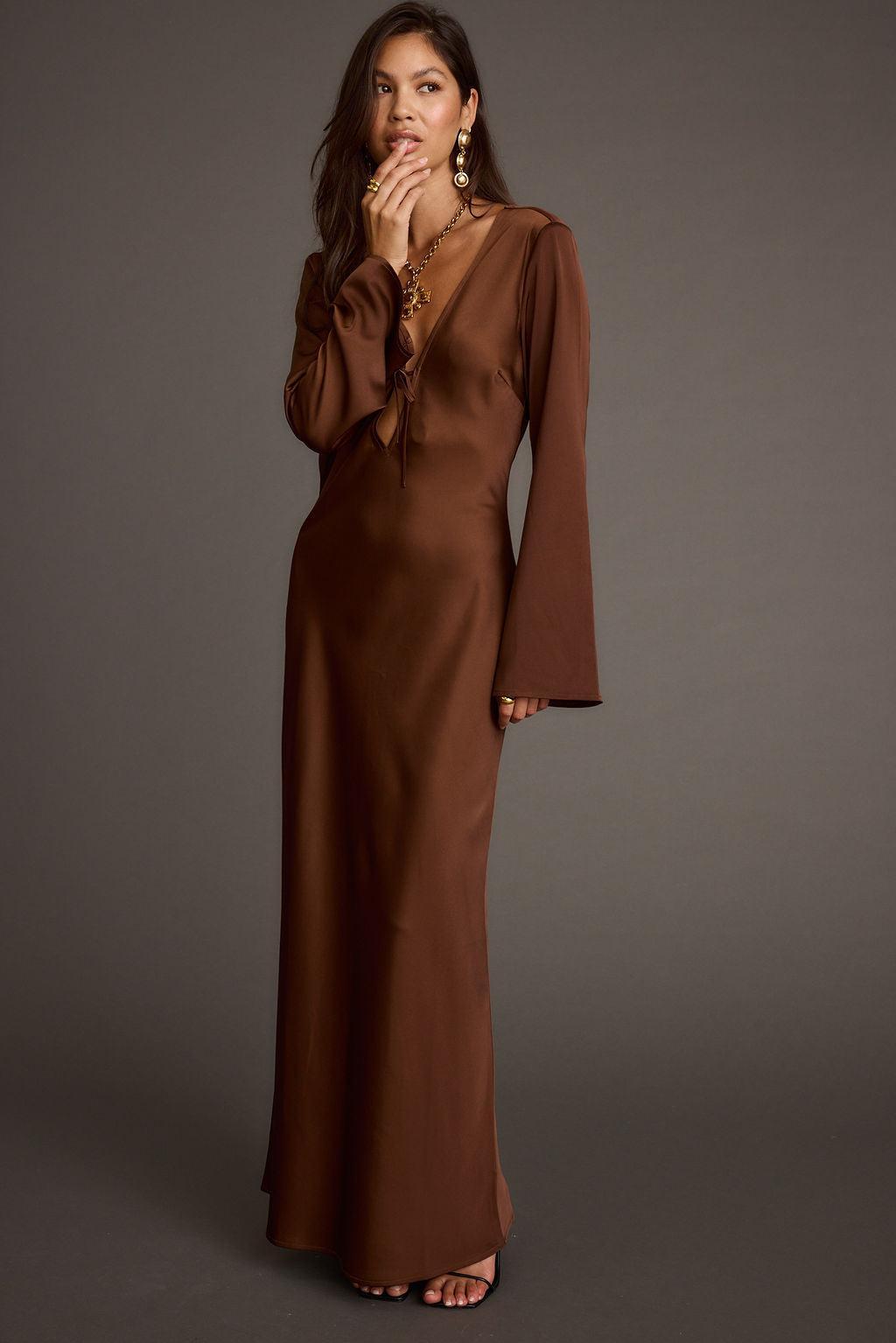 Strokes Mocha Long Sleeve Plunge Satin Maxi Dress Product Image