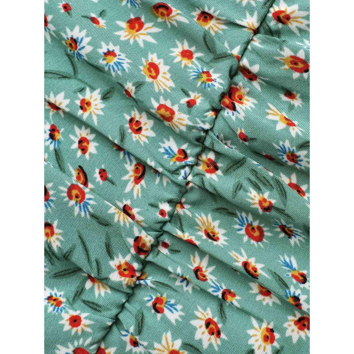Plus Size Ditsy Floral Print Sweetheart Neckline Tiered Dress Sage Women Elegant Gathered Heart neckline Short sleeve Curvy BloomChic 14-16/1X Product Image