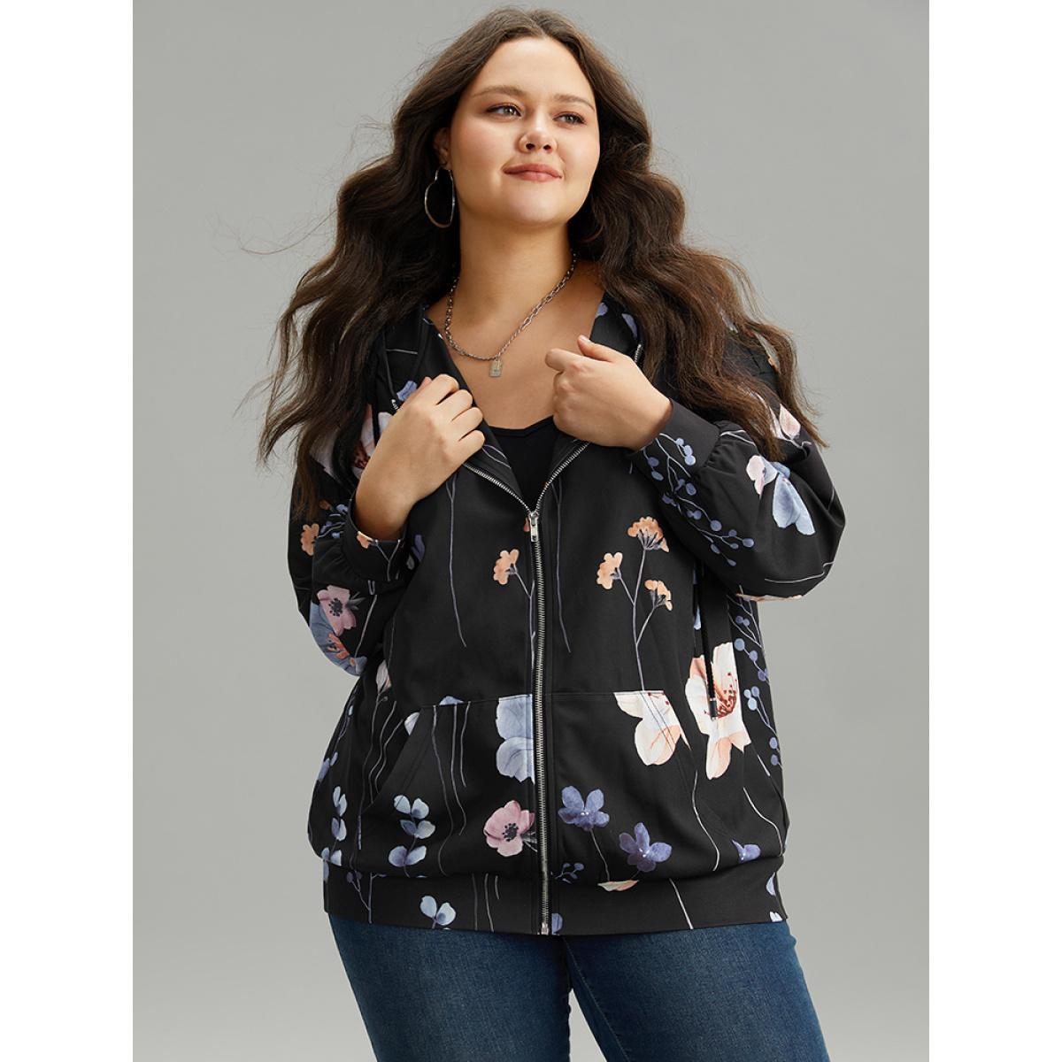 Plus Size Floral Print Zipper Hooded Pocket Windbreaker Women Black Printed Pocket Dailywear Jackets BloomChic 18-20/2X Product Image