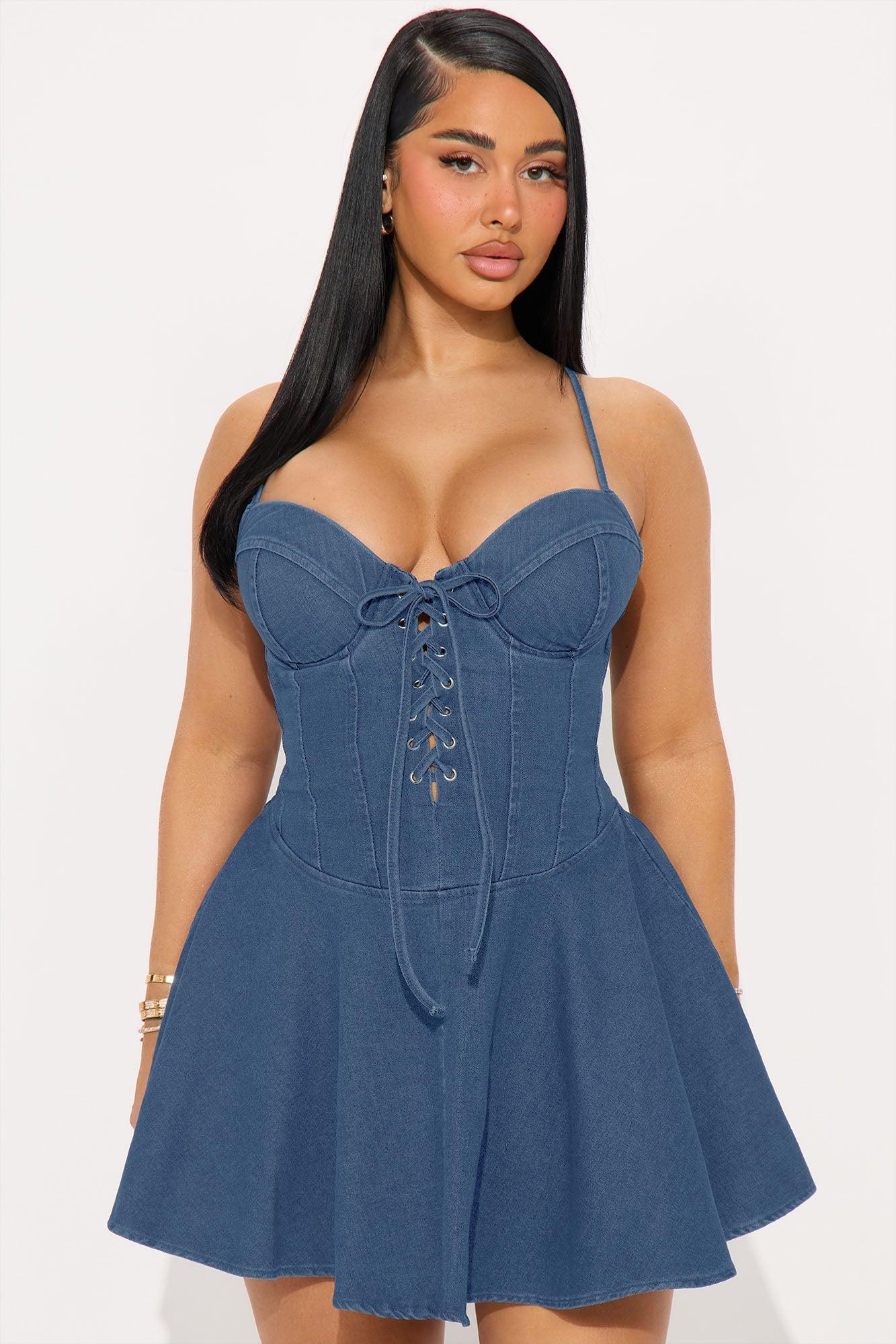 Sabrina Denim Mini Dress - Medium Wash Product Image